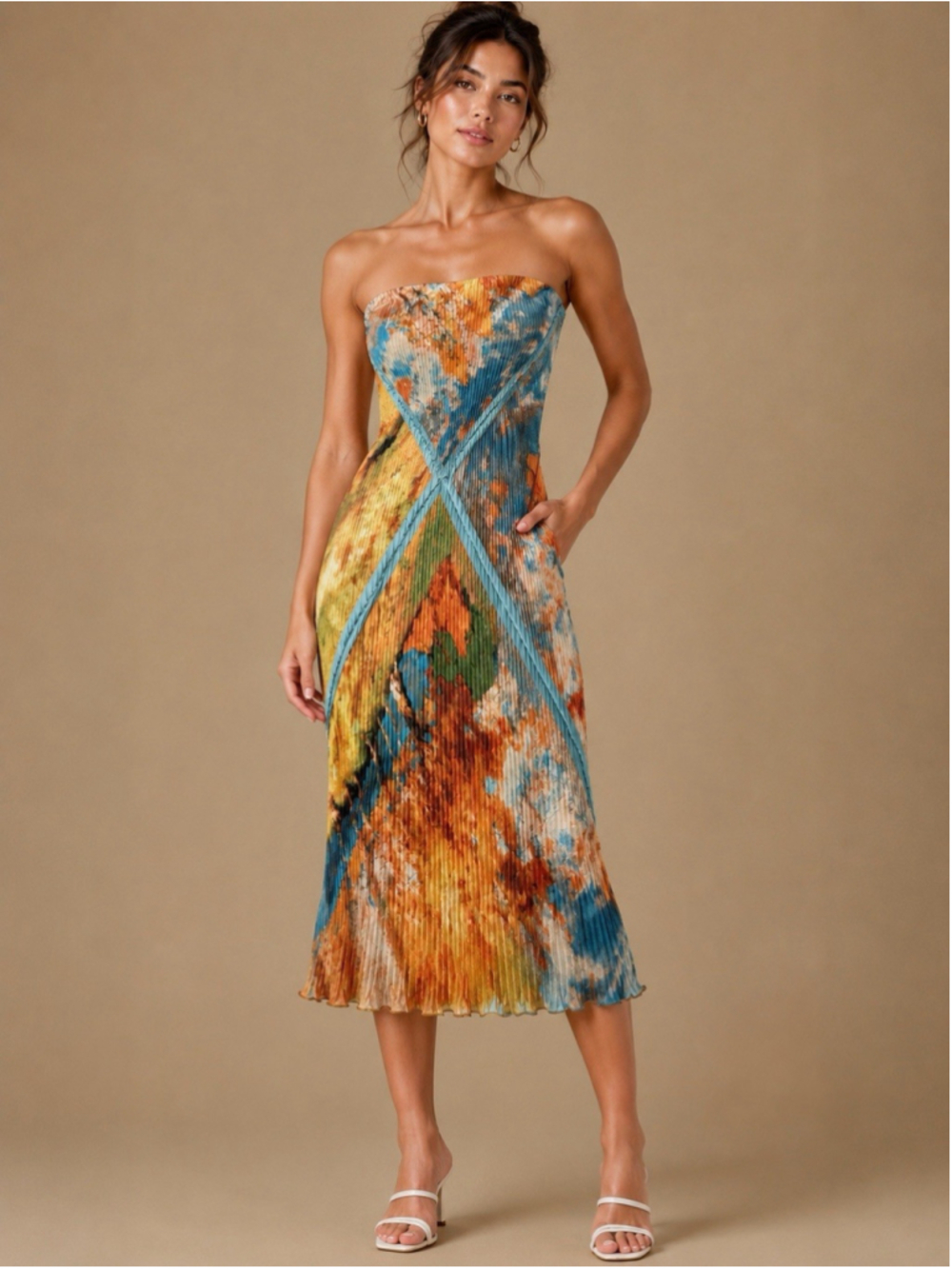 Micas Strapless Pleated Abstract Print Midi Dress – Multicolor L